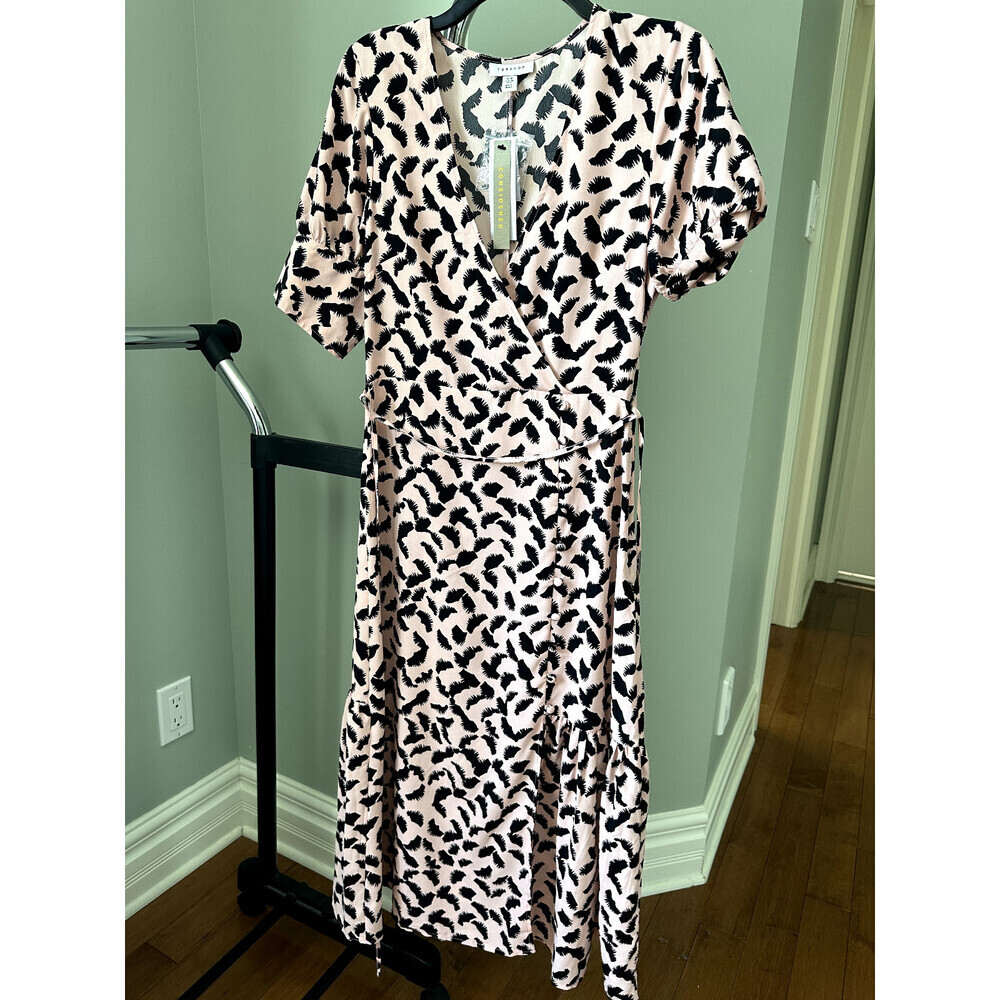 Topshop Women's Splash Print Faux Wrap S/S Midi Dress Pink Poly Size 6 NWT